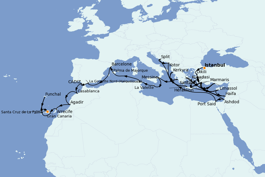 Itinéraire de la croisière Grèce & Adriatique 32 jours à bord du Marina