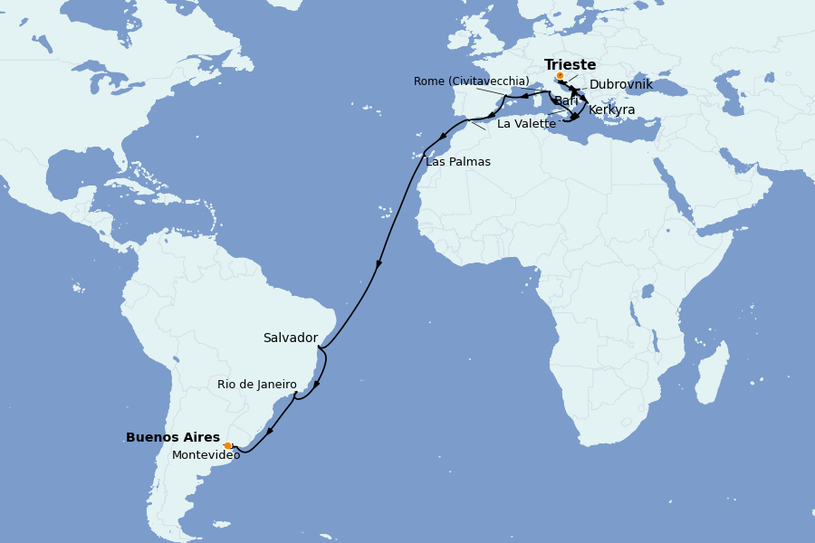 Itinéraire de la croisière TRANSATLANTIQUES ET GRANDS VOYAGES 26 jours à bord du MSC Fantasia