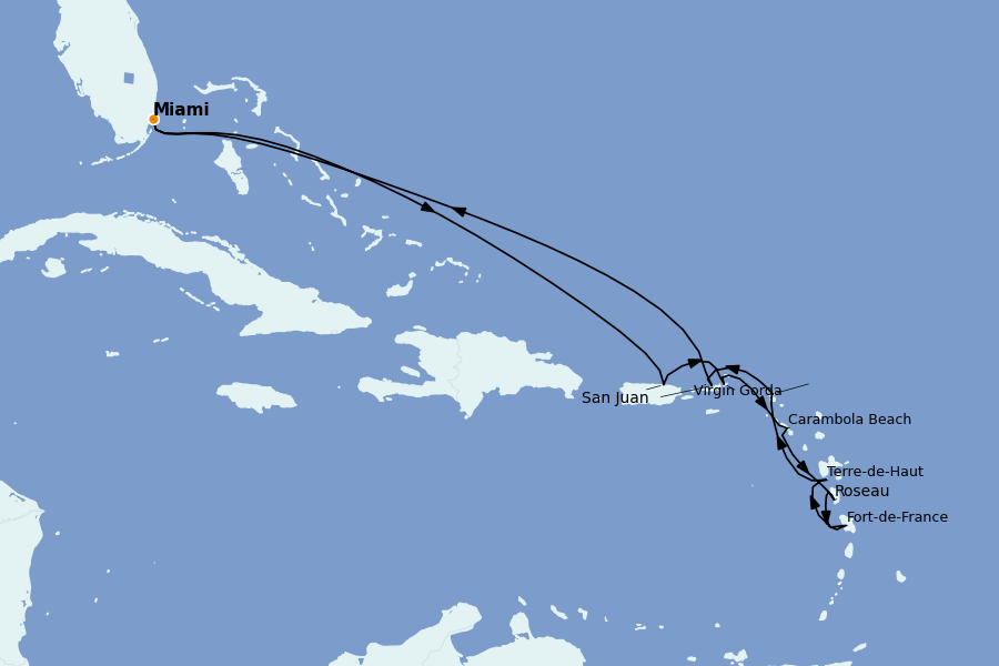 Itinéraire de la croisière Caraïbes de l'Est 14 jours à bord du Seabourn Quest