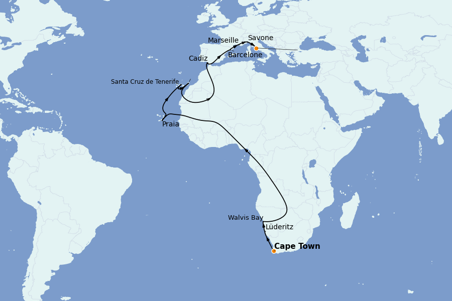 Itinéraire de la croisière Tour du Monde 2025 23 jours à bord du Costa Deliziosa