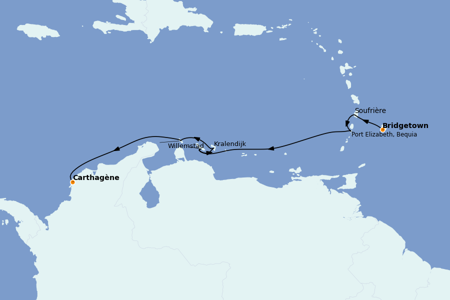 Itinéraire de la croisière Caraïbes de l'Est 9 jours à bord du Silver Shadow