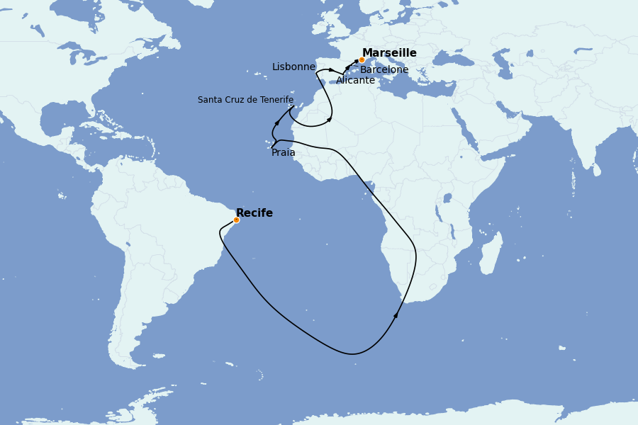 Itinéraire de la croisière Transatlantiques et Grands Voyages 2025 14 jours à bord du Costa Pacifica