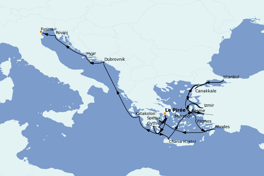 Itinéraire de la croisière Îles Grecques, Adriatique et Turquie - Méditerranée Orientale 21 jours à bord du Seabourn Encore