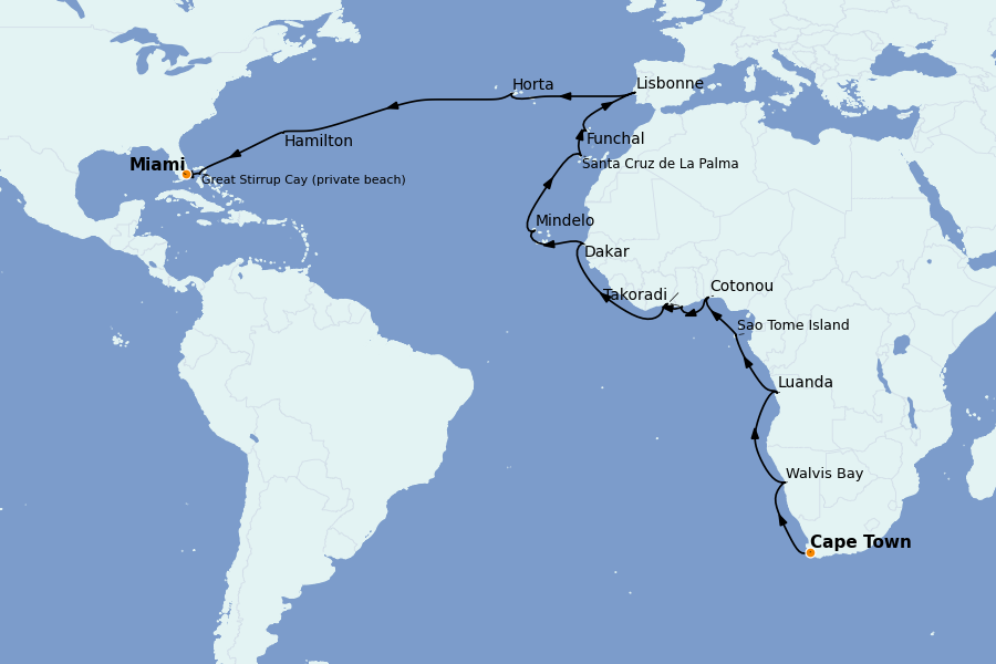 Itinéraire de la croisière Méditerranée Occidentale 35 jours à bord du Seven Seas Mariner