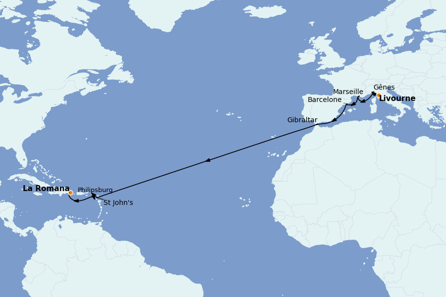 Itinéraire de la croisière Transatlantiques et Grands Voyages 2026 17 jours à bord du MSC Opera