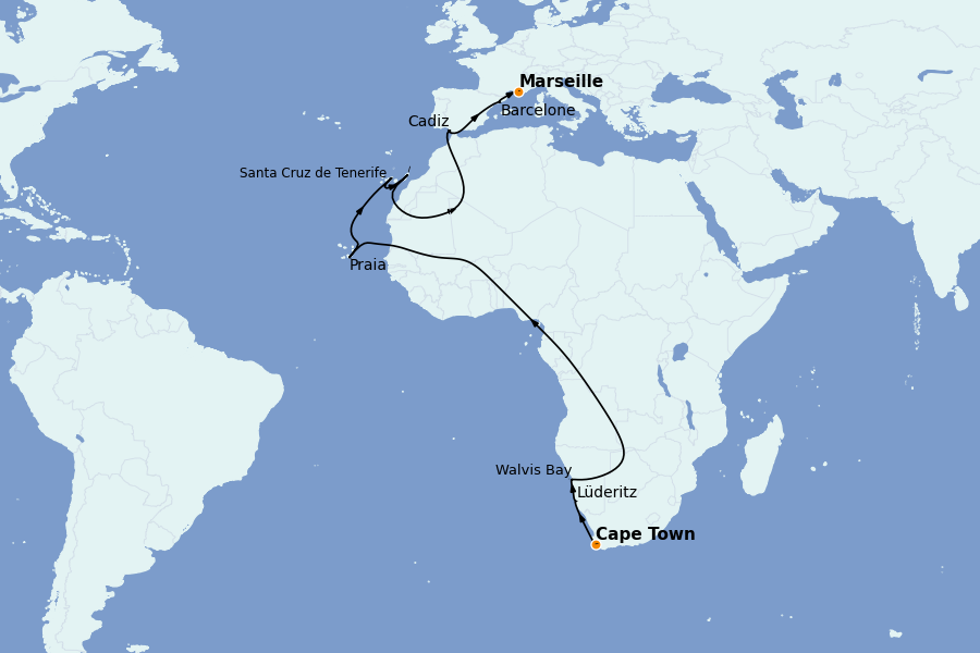 Itinéraire de la croisière Tour du Monde 2025 21 jours à bord du Costa Deliziosa