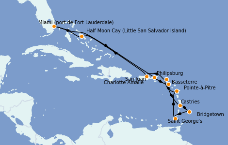 Itinéraire de la croisière Caraïbes de l'Est 14 jours à bord du Ms Volendam