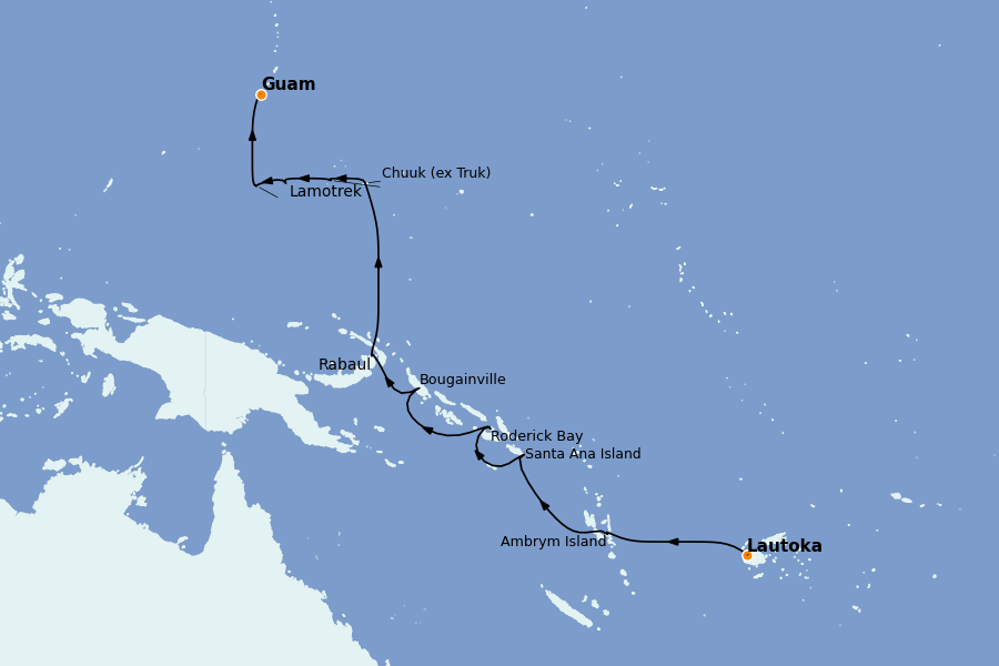 Itinéraire de la croisière Tahiti, Bora Bora, Cook Islands, Nouvelle-Calédonie, Fidji, Vanuatu, Samoa, Salomon 16 jours à bord du Le Soléal