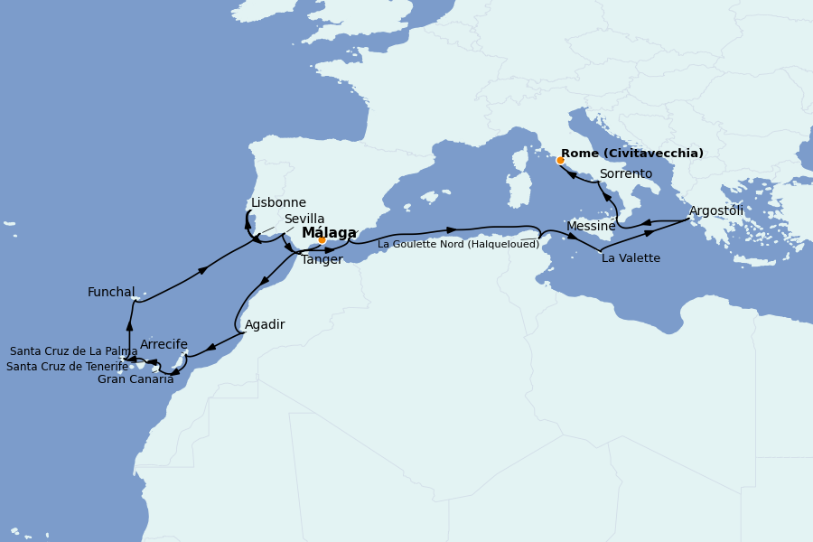 Itinéraire de la croisière Méditerranée Occidentale 22 jours à bord du Nautica