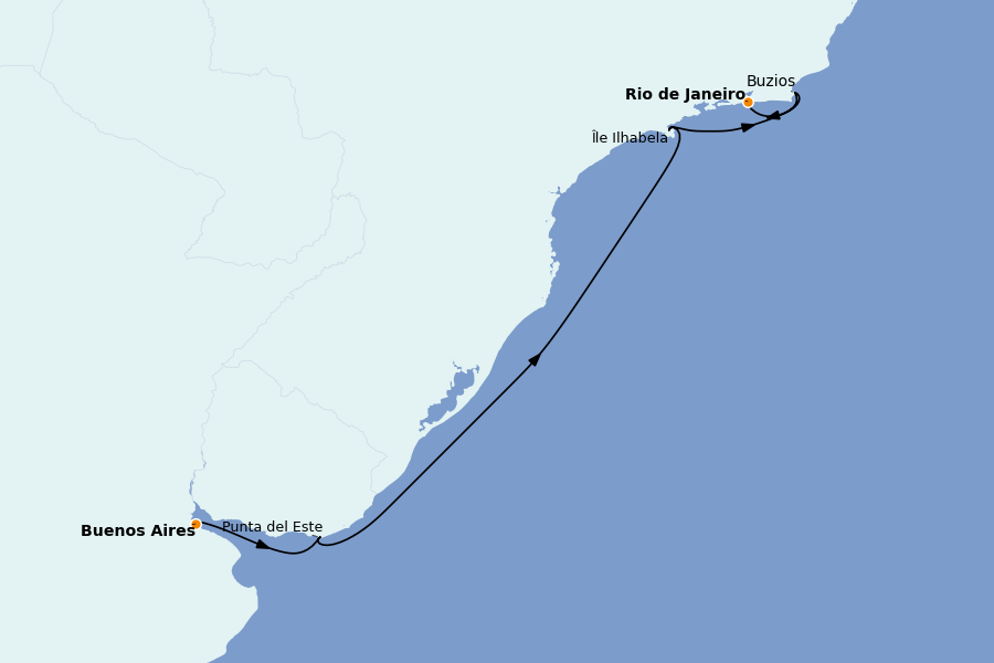Itinéraire de la croisière Brésil, Argentine, Uruguay 12 jours à bord du Silver Whisper