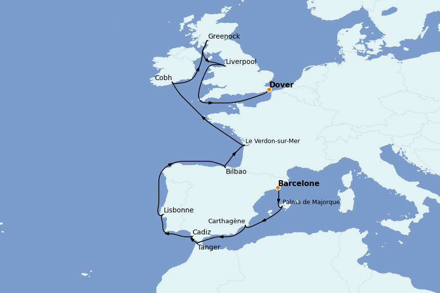 Itinéraire de la croisière Méditerranée Occidentale 15 jours à bord du Crown Princess