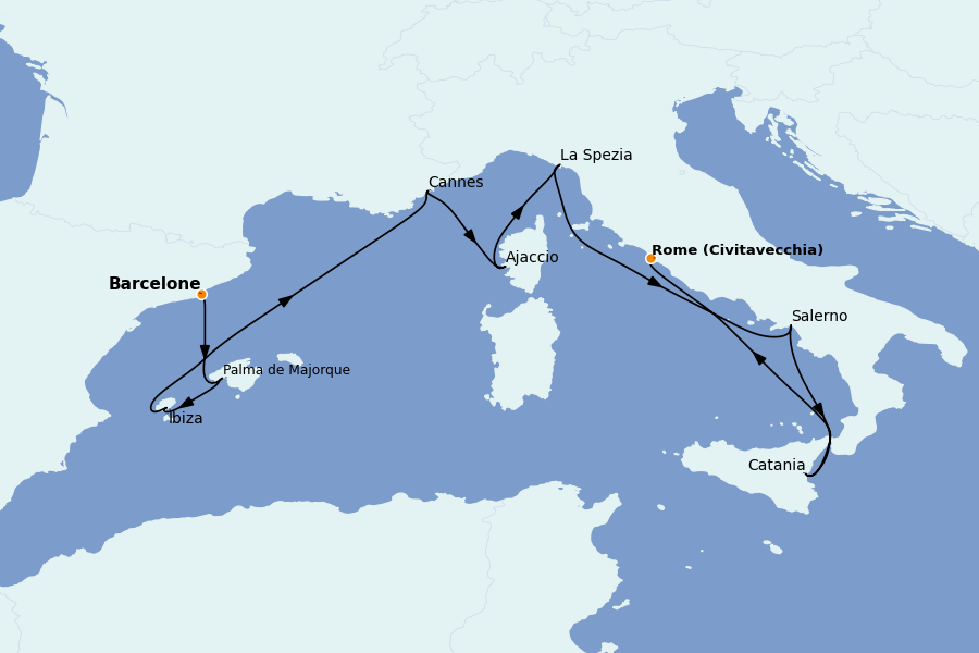 Itinéraire de la croisière Méditerranée Occidentale 12 jours à bord du Scarlet Lady