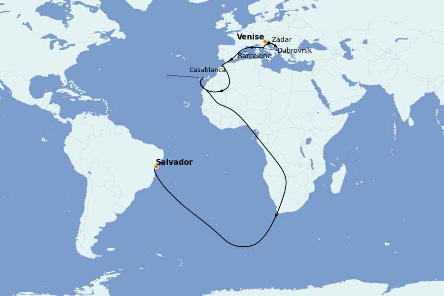 Itinéraire de la croisière TRANSATLANTIQUES ET GRANDS VOYAGES 17 jours à bord du MSC Armonia