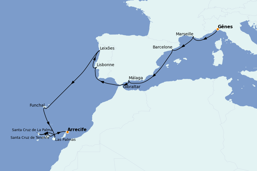 Itinéraire de la croisière Méditerranée Occidentale 15 jours à bord du MSC Musica