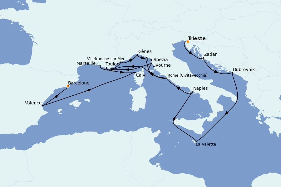 Itinéraire de la croisière Méditerranée Occidentale 21 jours à bord du Queen Victoria