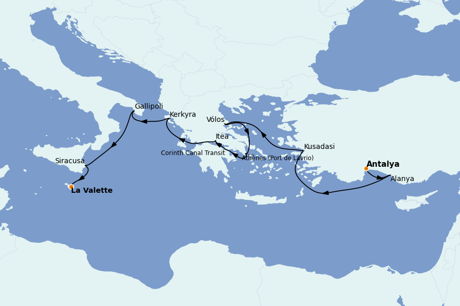 Itinéraire de la croisière Méditerranée Occidentale 10 jours à bord du Le Dumont d'Urville