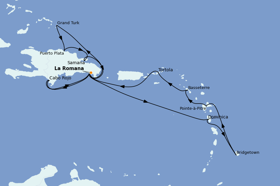 Itinéraire de la croisière Caraïbes de l'Est (Antilles) 14 jours à bord du Costa Pacifica