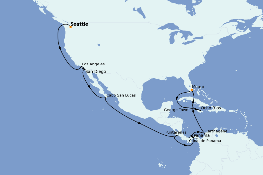 Itinéraire de la croisière TRANSATLANTIQUES ET GRANDS VOYAGES 24 jours à bord du MSC Poesia