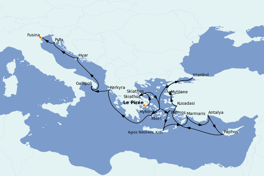 Itinéraire de la croisière Méditerranée Occidentale 22 jours à bord du Explora I