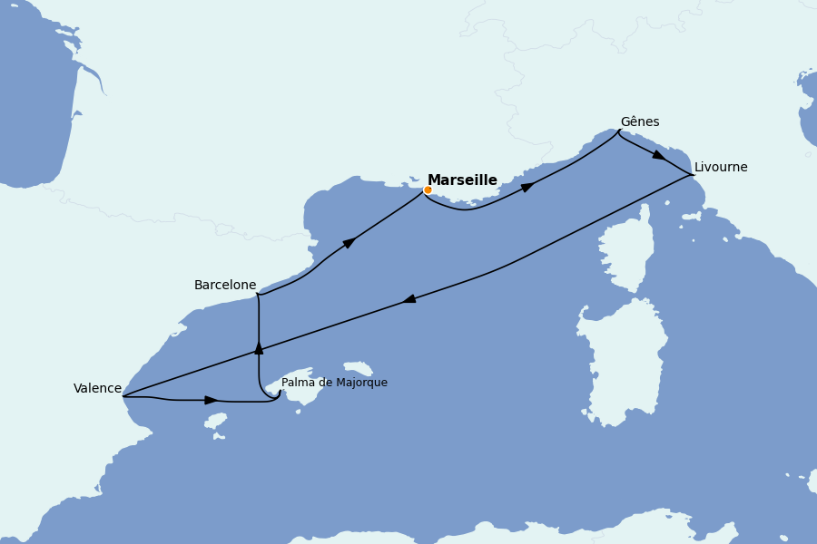 Itinéraire de la croisière Méditerranée Occidentale 7 jours à bord du MSC Orchestra