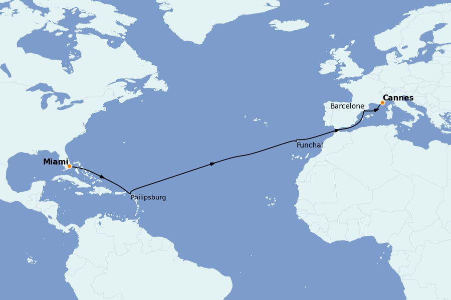 Itinéraire de la croisière TRANSATLANTIQUES ET GRANDS VOYAGES 14 jours à bord du MSC Grandiosa