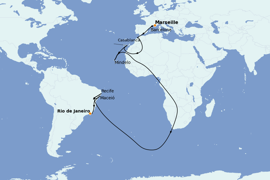 Itinéraire de la croisière Tour du Monde 2024 17 jours à bord du Costa Deliziosa
