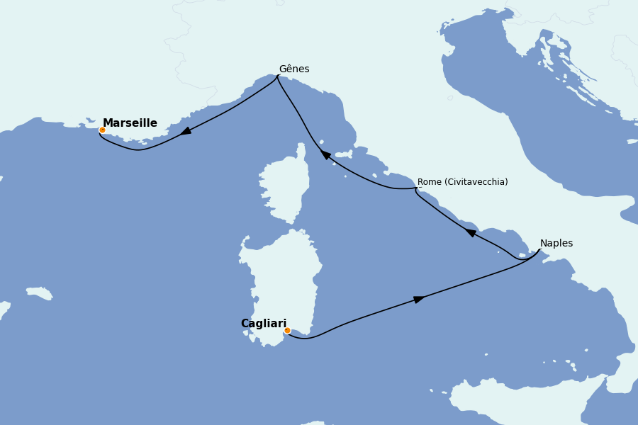 Itinéraire de la croisière Méditerranée Occidentale 4 jours à bord du Costa Smeralda