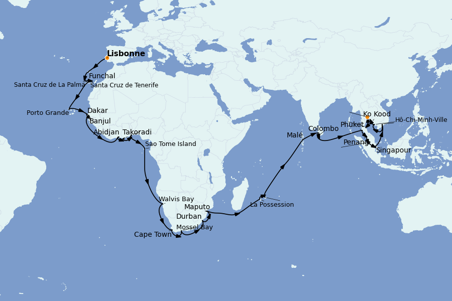 Itinéraire de la croisière Méditerranée Occidentale 59 jours à bord du Sirena