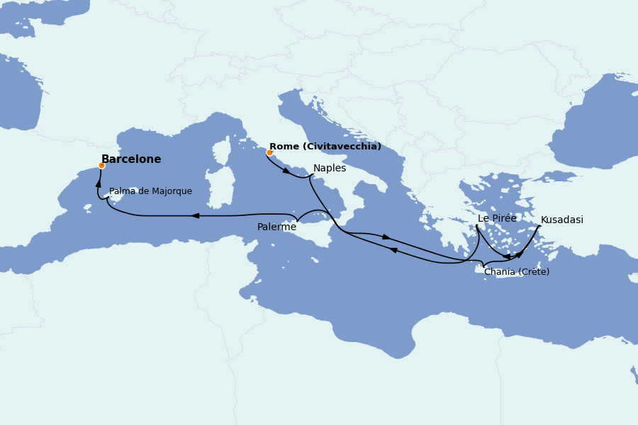 Itinéraire de la croisière Méditerranée Occidentale 10 jours à bord du Majestic Princess